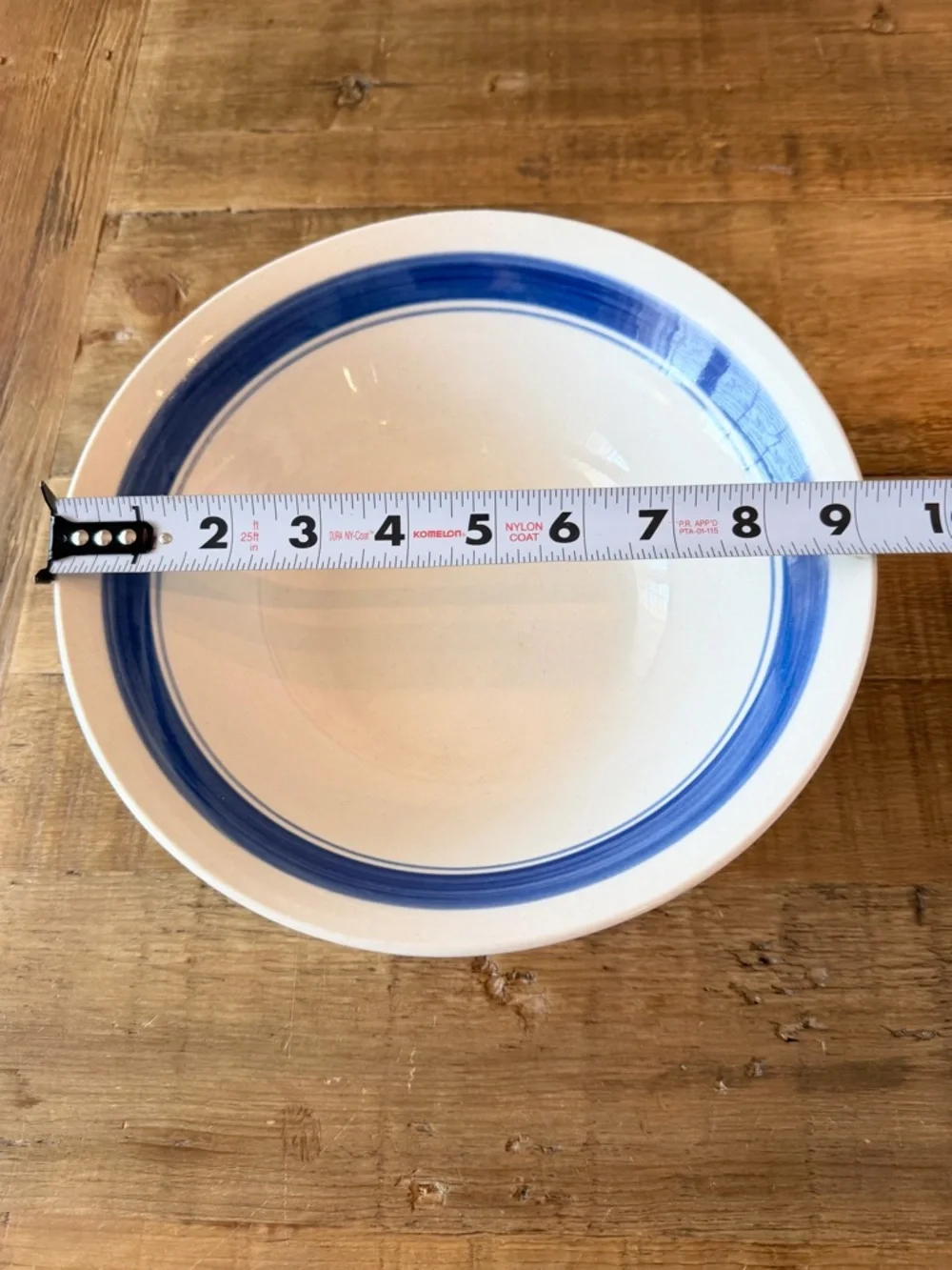 Vintage Double Blue Band Ceramic Serving Bowl. Speckled | Classic | 9” Ivory